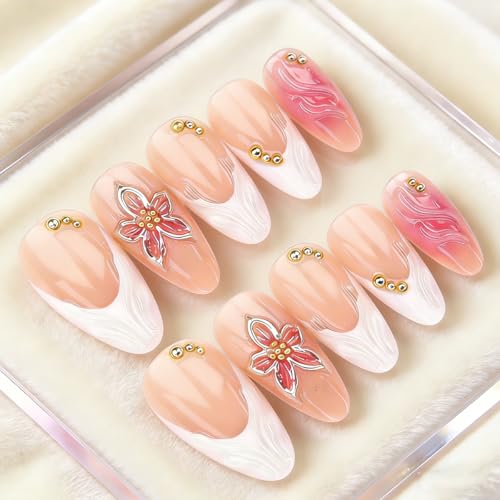 ZIFANHU Short Almond Press on Nails White French Tip with 3D Flower & Pearl