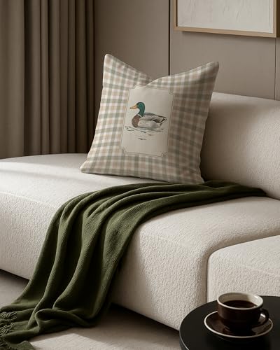 Mallard Duck Throw Pillow Cover 18x18, Farmhouse Plaid Decor - Color-20
