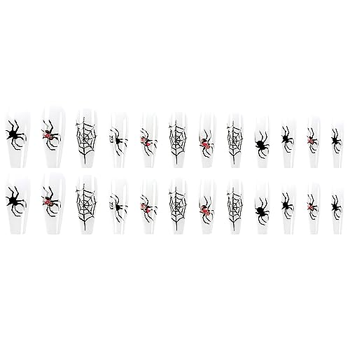 Halloween Long Coffin Press on Nails with Spider Web and Rhinestone