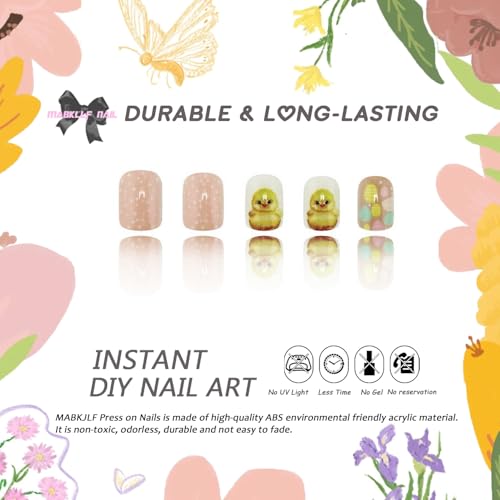 Easter Press on Nails Short Square Pink Fake Nails with Polka Dots 24 Pcs