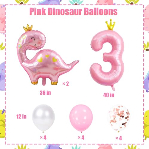 Pink Dinosaur Balloons Kit with 40-Inch Number 3 for Birthday