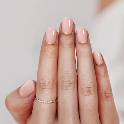 Short French Gold Press On Nails Glossy Square Fake Nails Kit