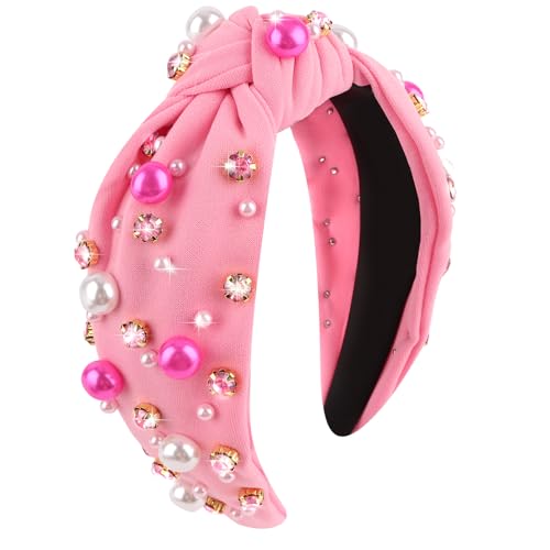 Uintoon Pearl Knotted Headband Rhinestone Pink Hair Band for Women