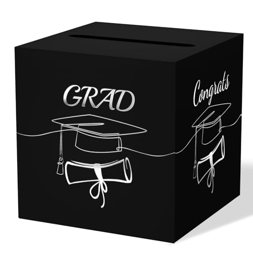 Graduation Card Box - Foldable Black & Silver Foil Design, 8.7"