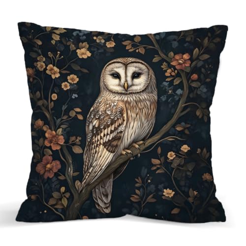 Owl Pillow Cover 18x18 Inch - Dark Floral Design, Variation 2