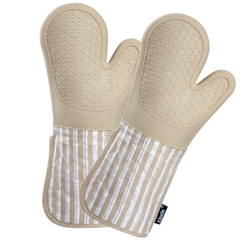 Alselo Extra-Long Silicone Oven Mitts, Heat Resistant Gloves - Khaki, Set of 2
