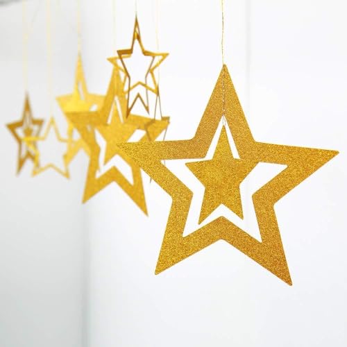 Merry Christmas Banner & Glitter Hanging Decor Set with Gold Stars & Snowflakes