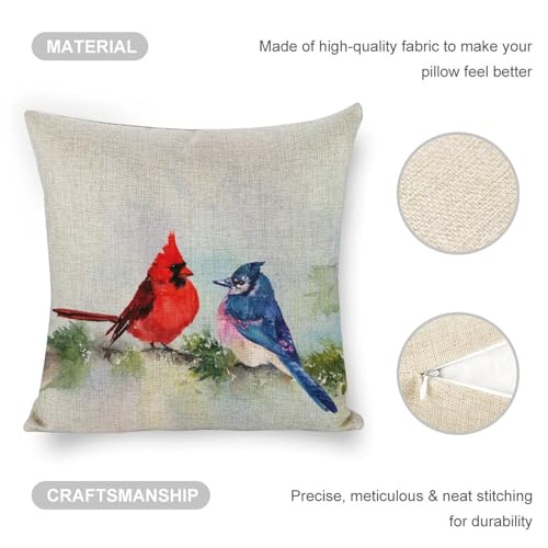 Linen Cardinal & Blue Jay 18x18 Pillow Covers - Farmhouse Decor