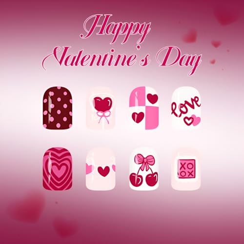 Valentines Press on Nails Short Square Red Heart Fake Nails Glossy Bow