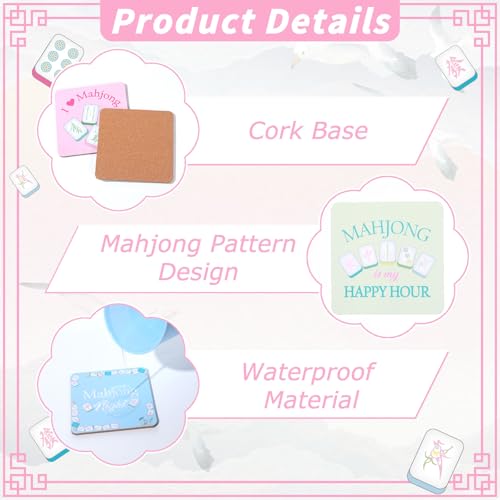 Square Cork Coasters Set with Holder - 8 Pack Majiang Design, 3.94 x 3.94 inch