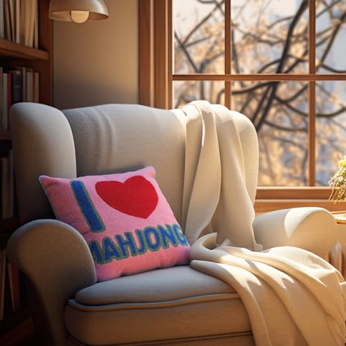Pink Mahjong Style Throw Pillow - Towel Embroidered, 17.7''