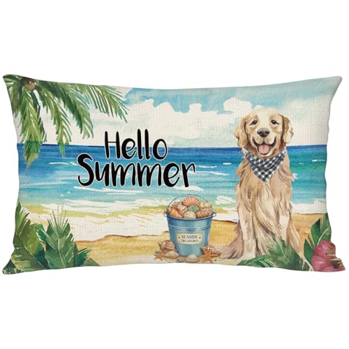 Golden Retriever Dog Lumbar Pillow Cover 12x20 Inch - Beach Decor