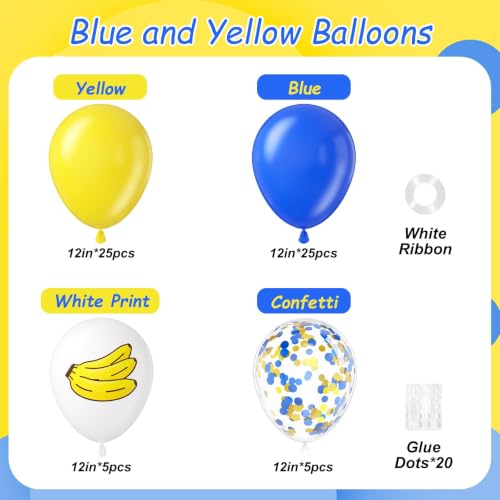 Blue Yellow White Balloon Kit 60pcs 12inch Latex Party Balloons with Print & Confetti