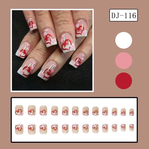 Valentine's Short Square French Press On Nails with Red Heart Glossy Design