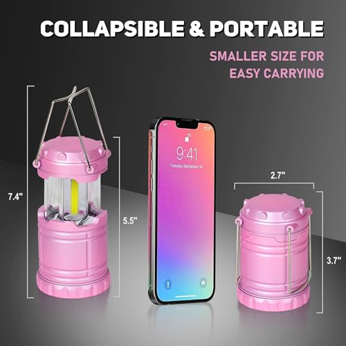 2-Pack Mini LED Camping Lanterns, Portable Camping Lights, Outdoor Tent Lights, Essential Emergency Lights for Power Outages, Hiking, Survival Kit for Hurricane, Pink