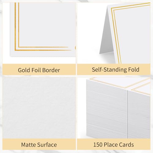 150 White Place Cards with Gold Foil Border for Table Setting