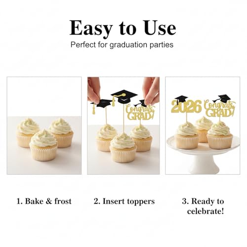 2026 Graduation Cupcake Toppers - Black & Gold Glitter Set of 24