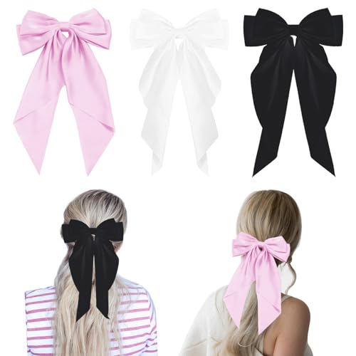 Big Satin Hair Bows with Barrettes Clips, 3-Pack Long Tail Bows