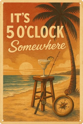 It's 5 O'Clock Somewhere Metal Sign - Tiki Bar & Home Decor, Outdoor Waterproof Wall Art