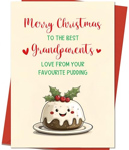 Cute Kawaii Christmas Pudding Card for Grandparents - Funny Holiday Greeting