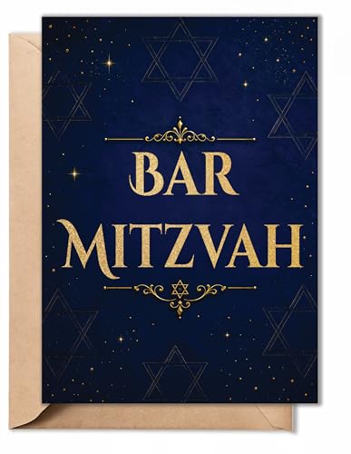 Elegant Bar Mitzvah Greeting Card - 5x7 Navy & Gold Folded Card with Envelope