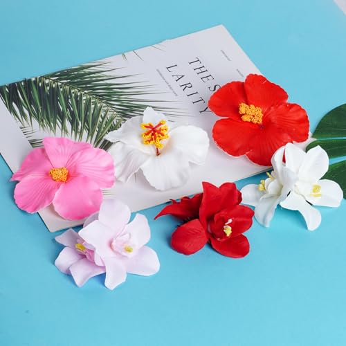 6 Pcs Hawaiian Flower Hair Clips 3.5 Inch Plumeria Hibiscus Barrettes
