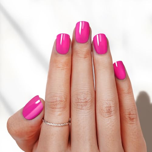 Short Square Hot Pink Press On Nails Kit - 34 Pcs Acrylic False Nails
