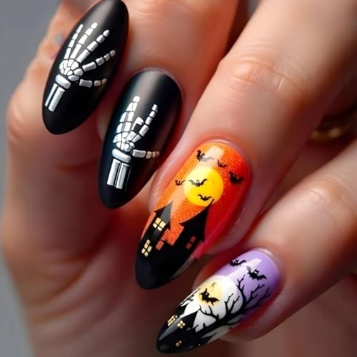 Halloween Short Almond Press on Nails French False Acrylic Nail Kit