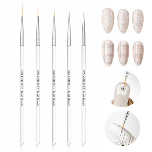 BOLOBLMEE 5PCS Ultra-Fine Nail Art Liner Brushes Set, Transparent Handle