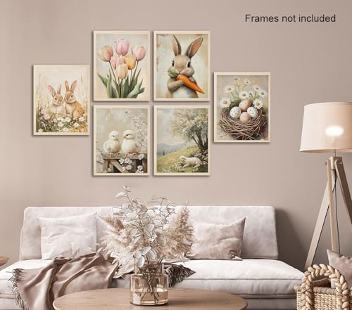 Easter Wall Art Set - 6 Vintage Canvas Prints, 8x10 Inch
