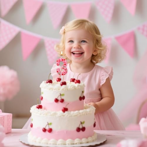 BOXOB Cherry Birthday Number 3 Candle Sweet Pink Cake Topper