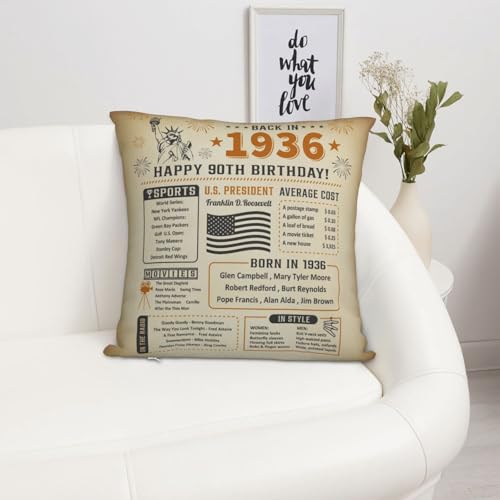 90th Birthday Gift Pillow Cover, 18"x18" Vintage 1936 Keepsake Cushion Case