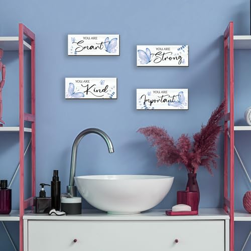 4 Pcs Blue Butterfly Wall Decor, Inspirational Wooden Signs for Bedroom