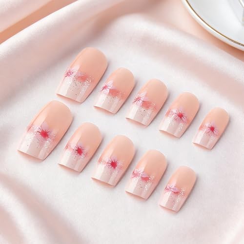 Pink White Gradient French Tip Press On Nails with Silver Glitter & Flower Design - Short Square Fake Nails Set