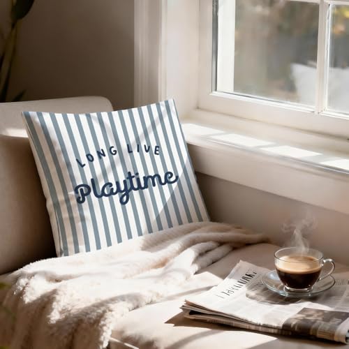 Blue and White Striped Flannel Throw Pillow Cover 18x18 for Nursery Decor