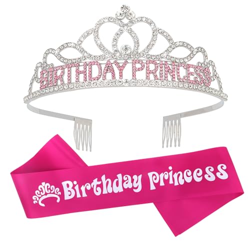 CURASA Birthday Princess Crown and Hot Pink Sash Set for Women