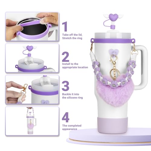 7Pcs Khaki Stanley Cup Accessories Set with Handle Strap, Love Heart/Flower Straw Topper Straw Cover Cap, Silicone Boot, Love Heart Charms for Water Bottle Tumbler 20oz 30oz 40oz