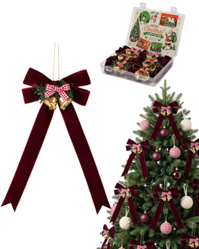 Burgundy Velvet Ribbon Bow Christmas Tree Ornaments with Brass Bells - 2 Pcs