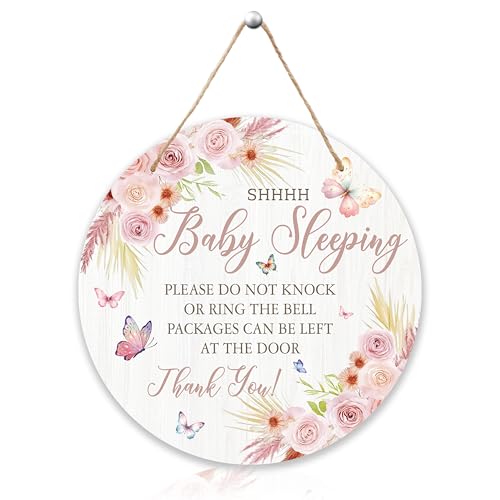 Baby Sleeping Hanging Door Sign 10 Inch Floral Wooden Round Hanger