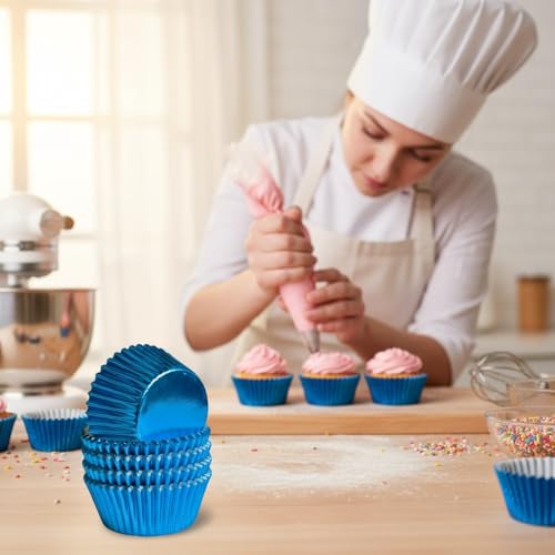 Blue Foil Cupcake Liners - 100 Pack Standard Muffin Baking Cups
