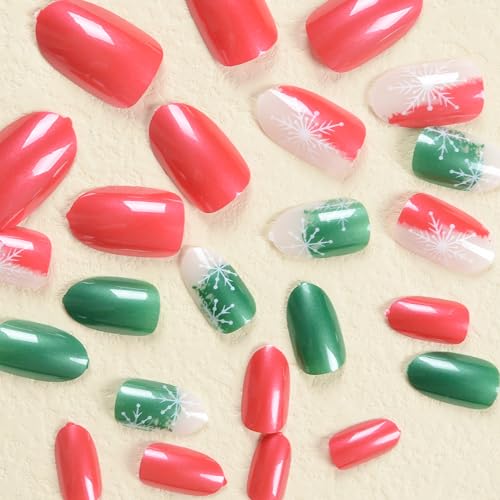 SWEKKE Christmas Press on Nails Short Almond Winter Fake Nails 24Pcs