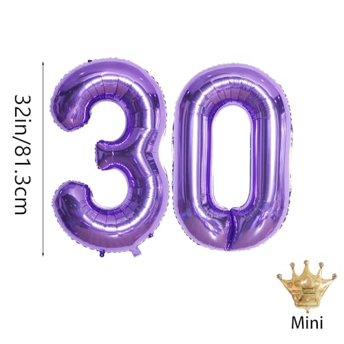 Purple Number 30 Foil Balloon Set with Gold Crown for 30th Birthday Party Decorations