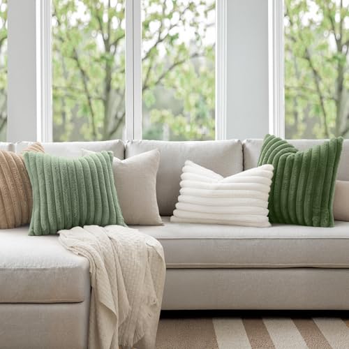 MIULEE Faux Fur Throw Pillow Covers 18x18 Sage Green, Set of 2