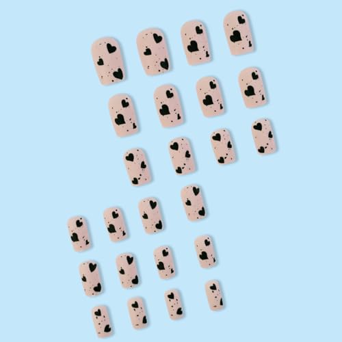 Black Heart Press on Nails Square Matte Pink Acrylic False Nails 24pcs