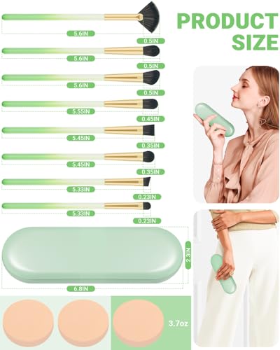 NBPF Eye Makeup Brush Set 8 Pcs Synthetic with Puffs and Green Case