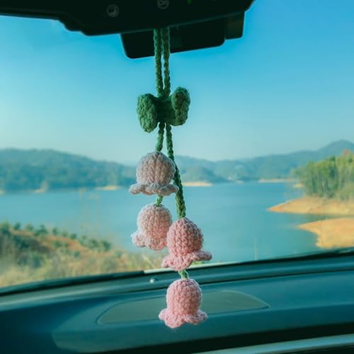 Crochet Lily of The Valley Car Charm - Handmade Pink Flower Decor for Mirror & Bag