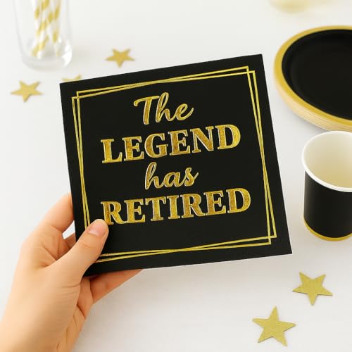 Large 50-Pack 'The Legend Has Retired' Black & Gold Napkins