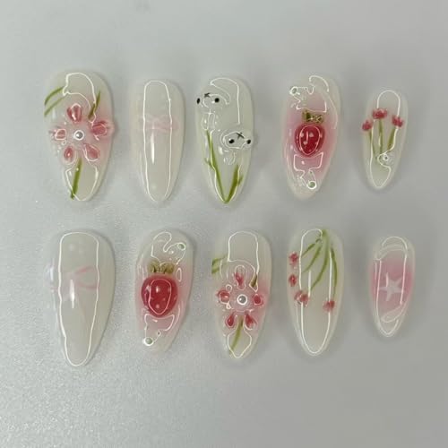 3D Flower Press on Nails Medium Almond Fake Nails with Pearls and Strawberry