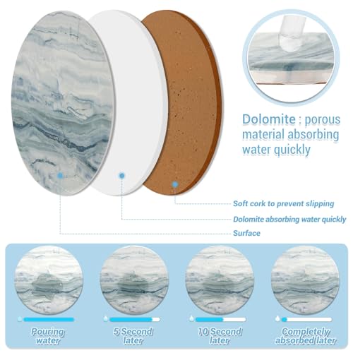 Acejoz 6-Piece Blue Marble Ceramic Coaster Set with Metal Holder