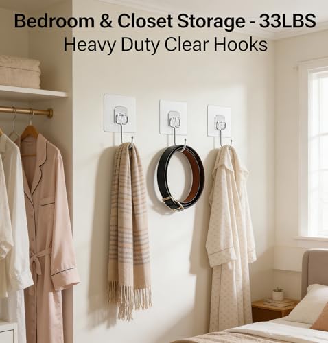 15-Pack Heavy Duty Adhesive Hooks - Transparent Waterproof Wall Hooks